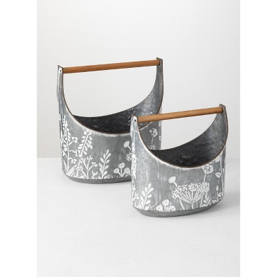 Sullivans Set of 2 Flower Trug Vase With Handles 7"H & 8"H Silver