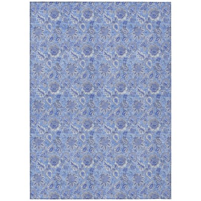 Navy Blue And Denim Blue Floral Washable Indoor Outdoor Area Rug
