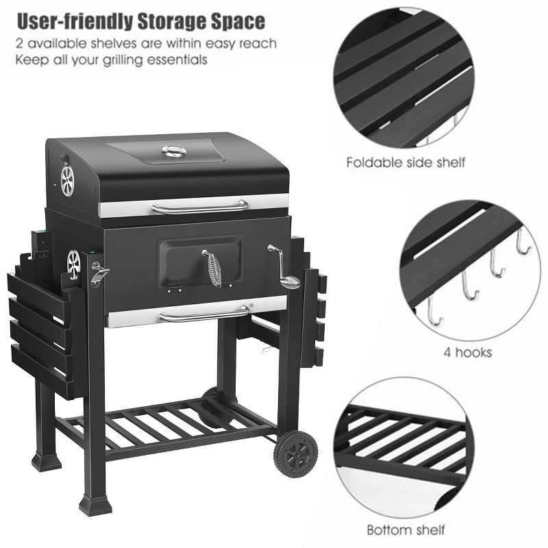 SKONYON Charcoal Grill Outdoor BBQ Grill with 2 Side Shelves, Wheels Black, 2 of 8