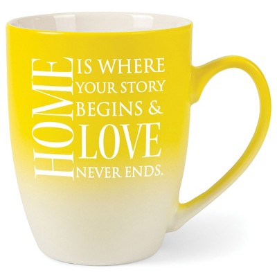 Elanze Designs Home Is Where Your Story Begins & Love Never Ends Two Toned Ombre Matte Yellow and White 12 ounce Ceramic Stoneware Coffee Cup Mug