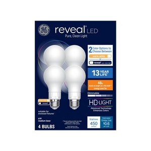 GE 4pk 40W Color Select A19 LED Light Bulbs: Warm White, 5W, Dimmable, 3000K, 450 Lumens, E26 Base, 13.7-Year Life - 1 of 4
