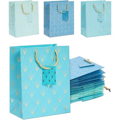 Sparkle and Bash 15 Pack Gift Bags with Handles & Gift Tag for Baby Shower & Wedding, 4 Design Blue & Gold Foil