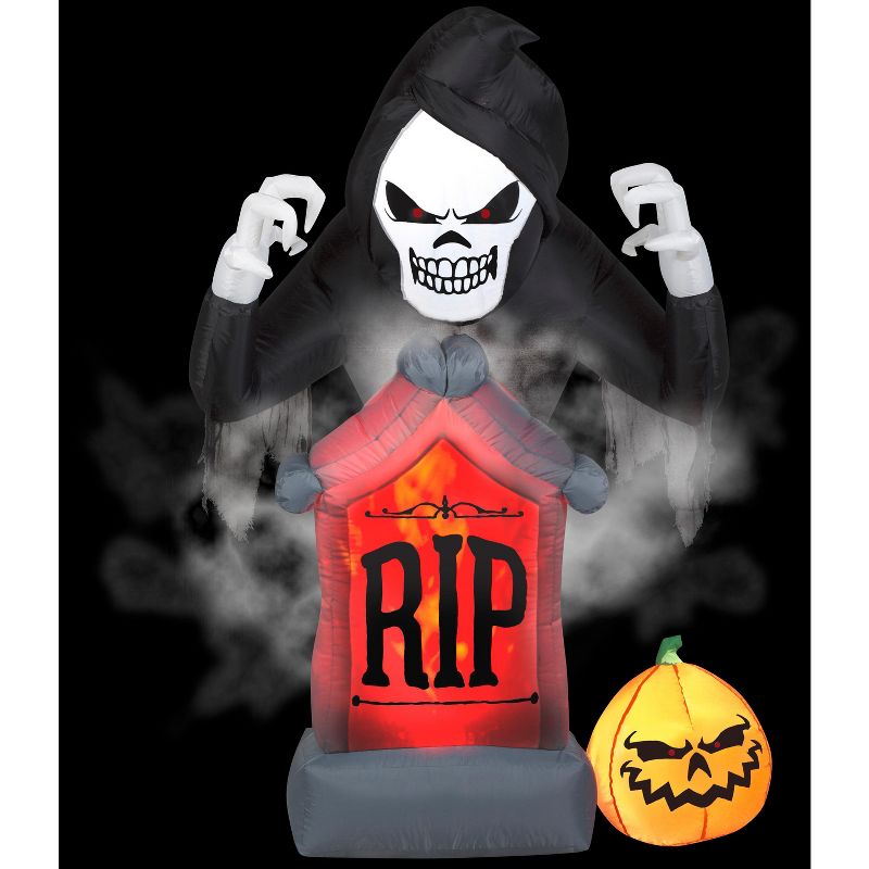Gemmy Animated Projection Airblown Inflatable Fog Effect Fire & Ice Shaking Reaper w/ Tombstone and Pumpkin, 6 ft Tall, 1 of 4