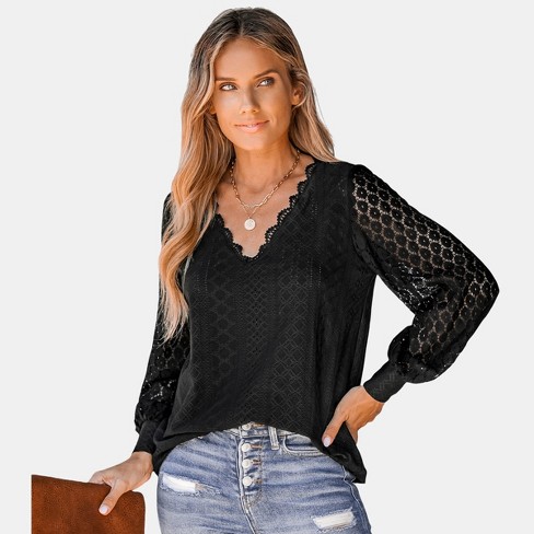 Women's Cutout Scalloped Lace V-neck Top - Cupshe-xs-black : Target