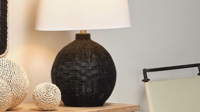 Indigo Blue Handwoven Rattan Table Lamp with Linen Shade