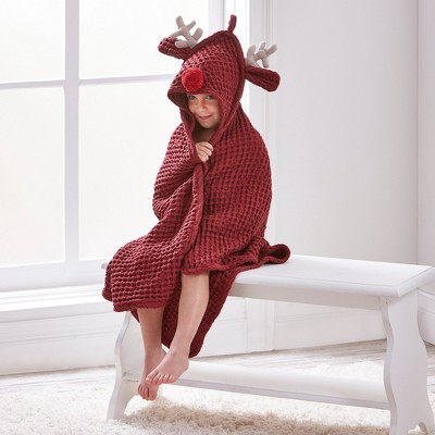 tagltd 31.5" x 31.5" Christmas Kid's Red Nose Reindeer w/ Antlers 100% Organ Cotton Waffle Weave Hooded Bath Towel for Children