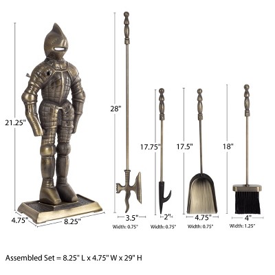 Medieval Knight Antique Brass Cast Iron 3-Piece Fireplace Tool Set