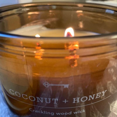 14oz Lidded Gray Glass Jar Crackling Wooden 3-wick Candle With Paper Label  Coconut And Honey - Threshold™ : Target