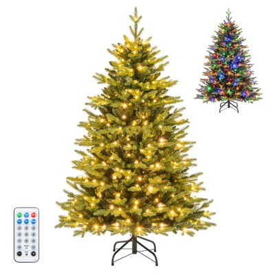 Tangkula 5/6/7 FT Pre-lit Artificial Christmas Tree Hinged Xmas Tree with 844/1168/1646 Branch Tips 250/350/470 Multi-color & Warm White LED Lights