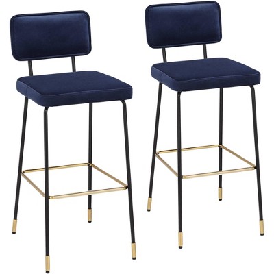 Studio 55D Marc Swivel Bar Stools Set of 2 Black Gold 29 1/4" High Mid Century Modern Blue Cushion Backrest Footrest Kitchen Counter Height Island