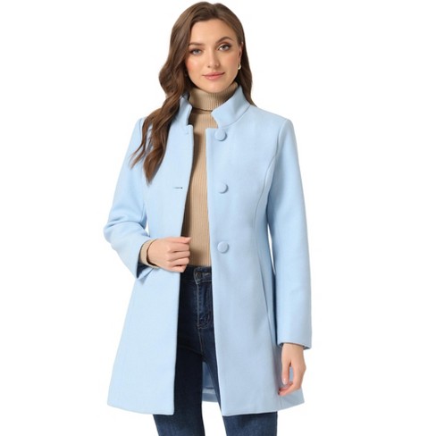 Allegra K Women's Winter Stand Collar Single Breasted Mid-thigh Long  Overcoat Light Blue Small