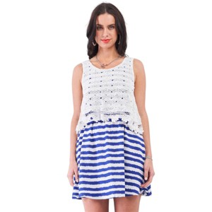 Slickblue Striped White & Navy Sleeveless Floral Embroidery Mini Dress, Layered Top, Round Neck, S/M - 1 of 4