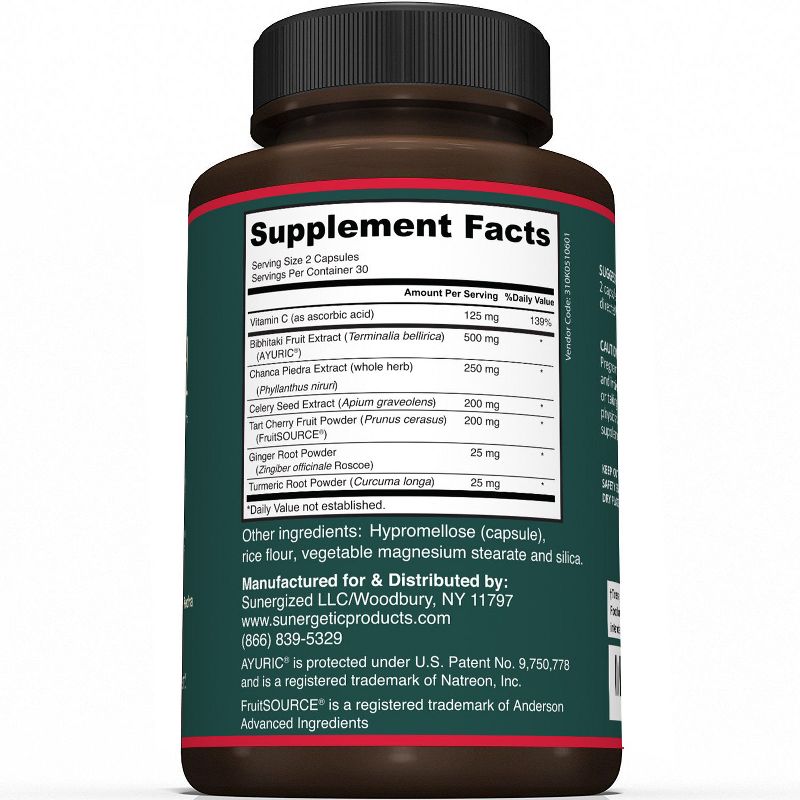 Sunergetic Uric Acid Support Includes Tart Cherry, Chanca Piedra, Celery Extract & Turmeric - Uric Acid Support Formula - 60 Veggie Capsules, 3 of 5