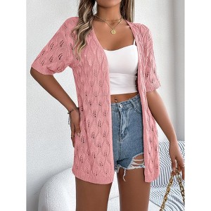 Coolmee Women's Lightweight Summer Crochet Cardigan Short Sleeve V Neck Hollow Out Open Front Knitted Cardigan - 1 of 4