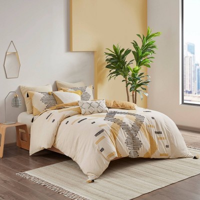 Full/Queen Yellow Cotton Duvet Cover Set with Tassels