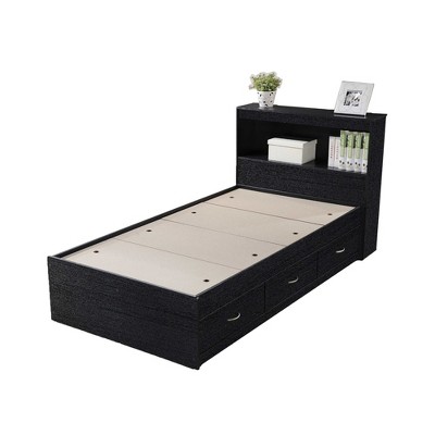 Hodedah Import Captain Bed with 3 Storage Drawers and Headboard, Twin, Black