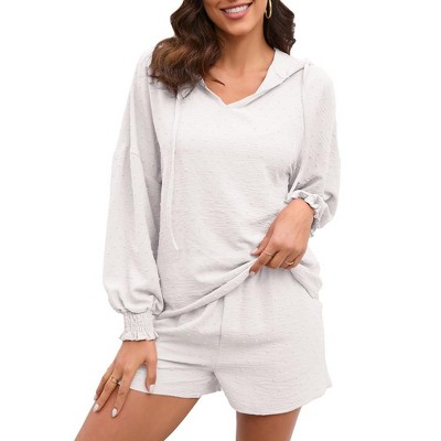 Womens 2 Piece Sets Hoodie Shirts with Shorts Shirred Cuff Blouse with Drawstring Shorts Solid Lounge Sets for Womens - White,2XL