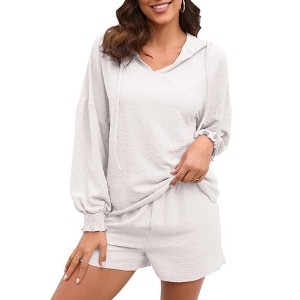 Womens 2 Piece Sets Hoodie Shirts with Shorts Shirred Cuff Blouse with Drawstring Shorts Solid Lounge Sets for Womens - White,2XL - 1 of 4