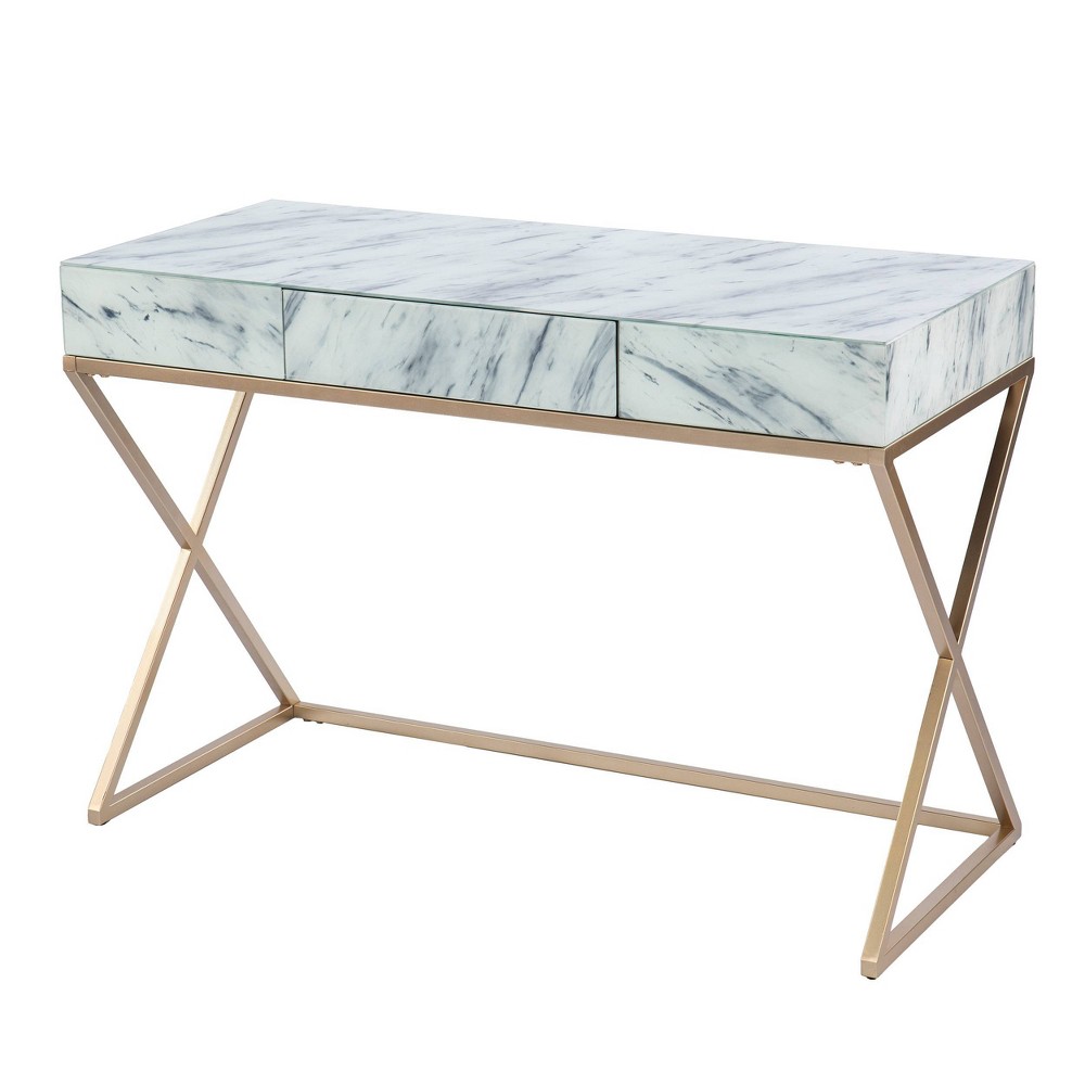 Photos - Office Desk Ogyel Faux Marble Writing Desk with Storage Gold - Aiden Lane