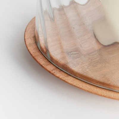 Medium Clear Glass and Acacia Wood Hurricane Candle Holder