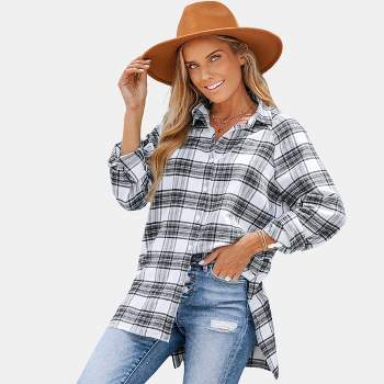 Deer Lady Womens Plaid Flannel Shirts Casual Button Down Shirt Oversized  Long Sleeve Blouse Tops Apricot Black S 0821 at  Women's Clothing  store