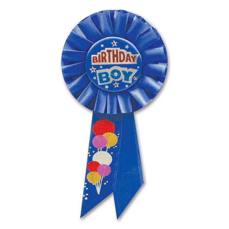 Beistle Biestle 3 1/4" x 6 1/2" Birthday Boy Rosette With Balloon Blue 3/Pack RS099, 1 of 2