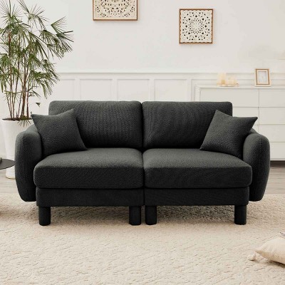 2-Seater Loveseat Sofa with Pillows, Sofa with Shell-Shaped Armrests and Cylindrical Legs, Boucle Fabric Sofa with Wood Frame-Coolbibila