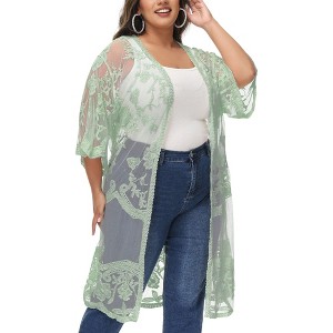 Anna-Kaci Women's Plus Size Lace Cardigan Short Sleeve Open Front Floral Crochet Long Duster - 1 of 4