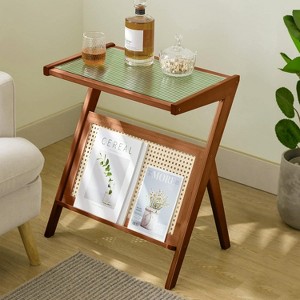 Bekrvio Rattan End Table with Magazine Rack - Glass-top Bamboo Side Table, Boho Z Shaped Accent Nightstand for Living Room,Small Space,Walnut - 1 of 4