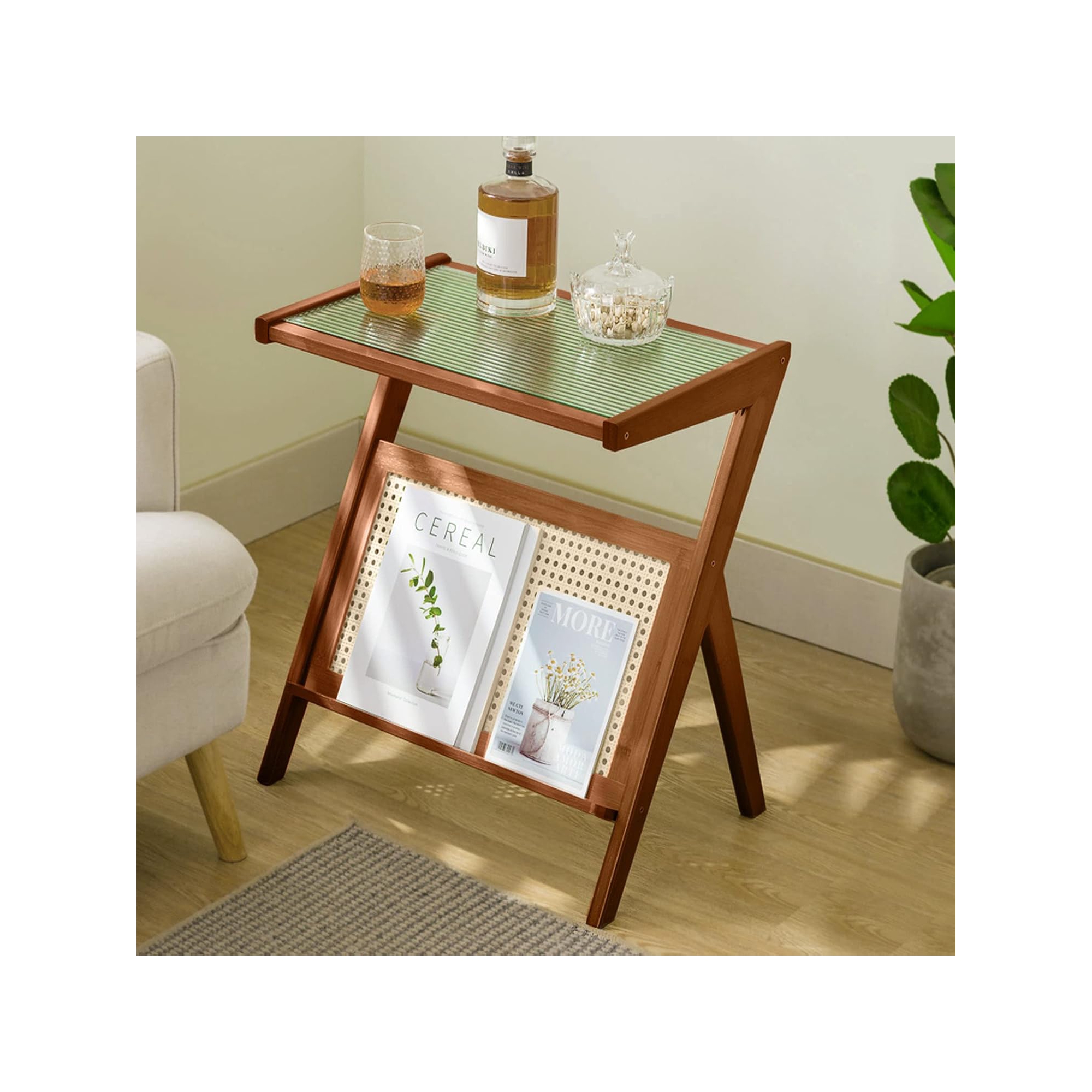 Bekrvio Rattan End Table with Magazine Rack - Glass-top Bamboo Side Table, Boho Z Shaped Accent Nightstand for Living Room,Small Space,Walnut