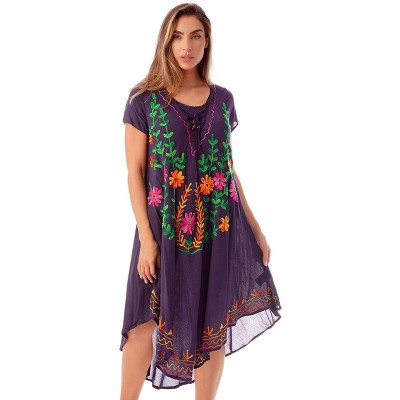 Riviera Sun Womens Embroidered Summer Dress - Short Sleeve Beach Cover Up with Woolen Embroidery- Dresses for Women