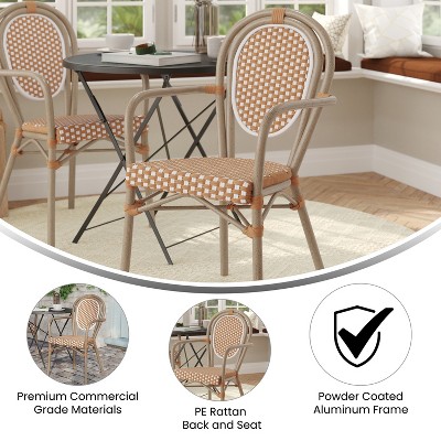Natural & White Wicker Rattan Outdoor Bistro Chair with Arms