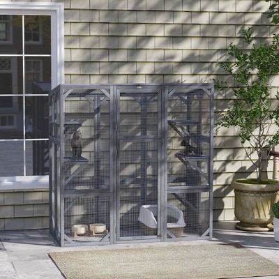 Gray Wooden Outdoor Cat Enclosure with Jumping Platforms