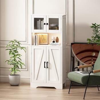 4-Door Storage Cabinet with LED Lights and Open Storage for Living Room, Dining Room, Bathroom and Kitchen, White - ModernLuxe