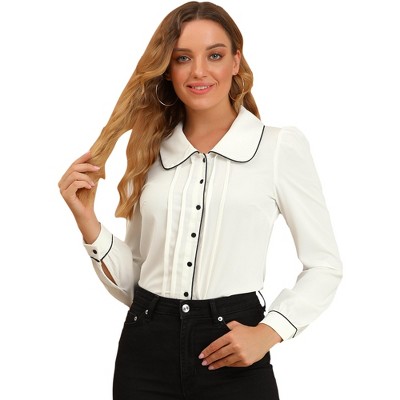 Allegra K Women's Casual Peter Pan Collar Contrast Puff Sleeve Work Blouse  White Large
