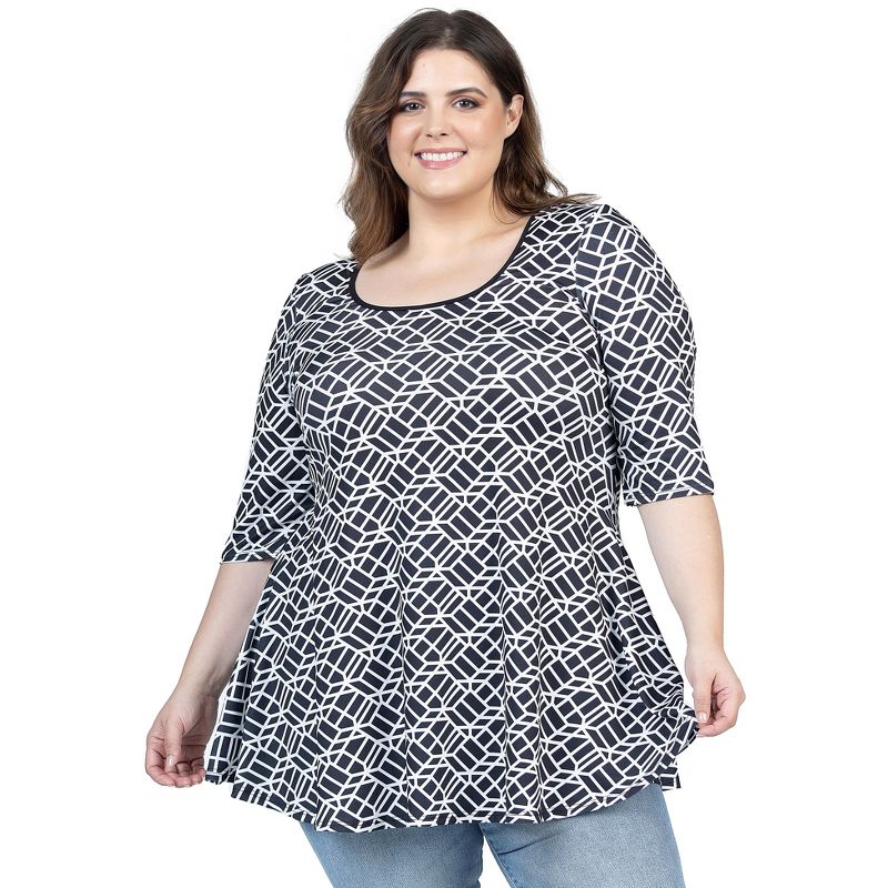 24seven Comfort Apparel Womens Plus Size Black Geometric Print Elbow Sleeve Casual Tunic Top, 1 of 7