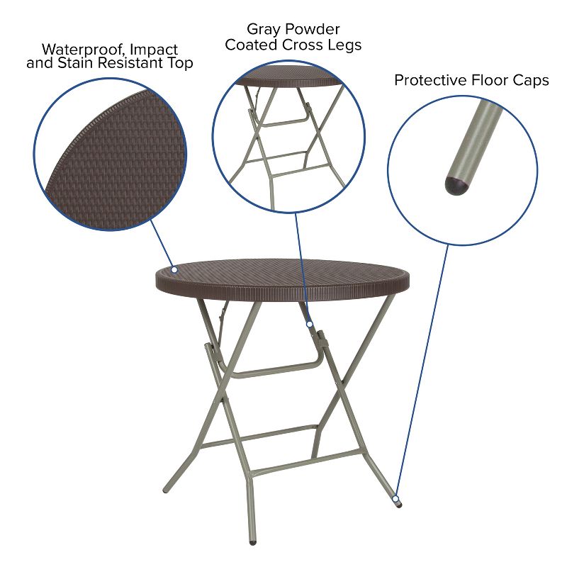 Flash Furniture 2.6-Foot Round Brown Rattan Plastic Folding Table, 4 of 12