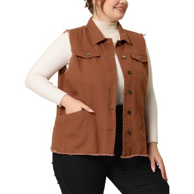 Agnes Orinda Women's Plus Size Button-Down Flat Lepel Denim Sleeveless Raw Hem Vests