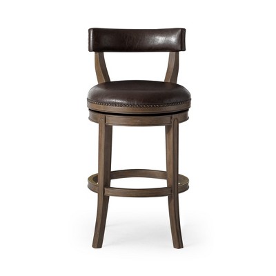 HomeRoots 31" Brown Faux Leather and Solid Wood Low Back Bar Height Swivel Bar Chair
