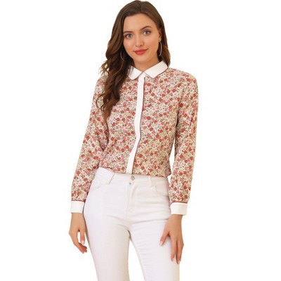 Allegra K Women's Point Collar Long Sleeve Floral Printed Button Down Shirt