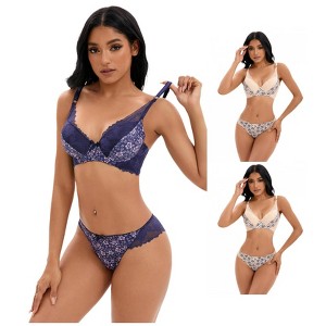 INSPIRE CHIC 3 Sets Women's Floral Mesh Push-Up Underwire Lace Bra and Underwear Lingerie Set - 1 of 4