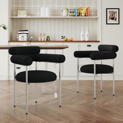 Modern Fabric Upholstered Dining Arm Chairs Set of 2,Curved Back Armrest Dining Chair with Metal Legs,Barrel Kitchen Dining Armchair-Coolbibila