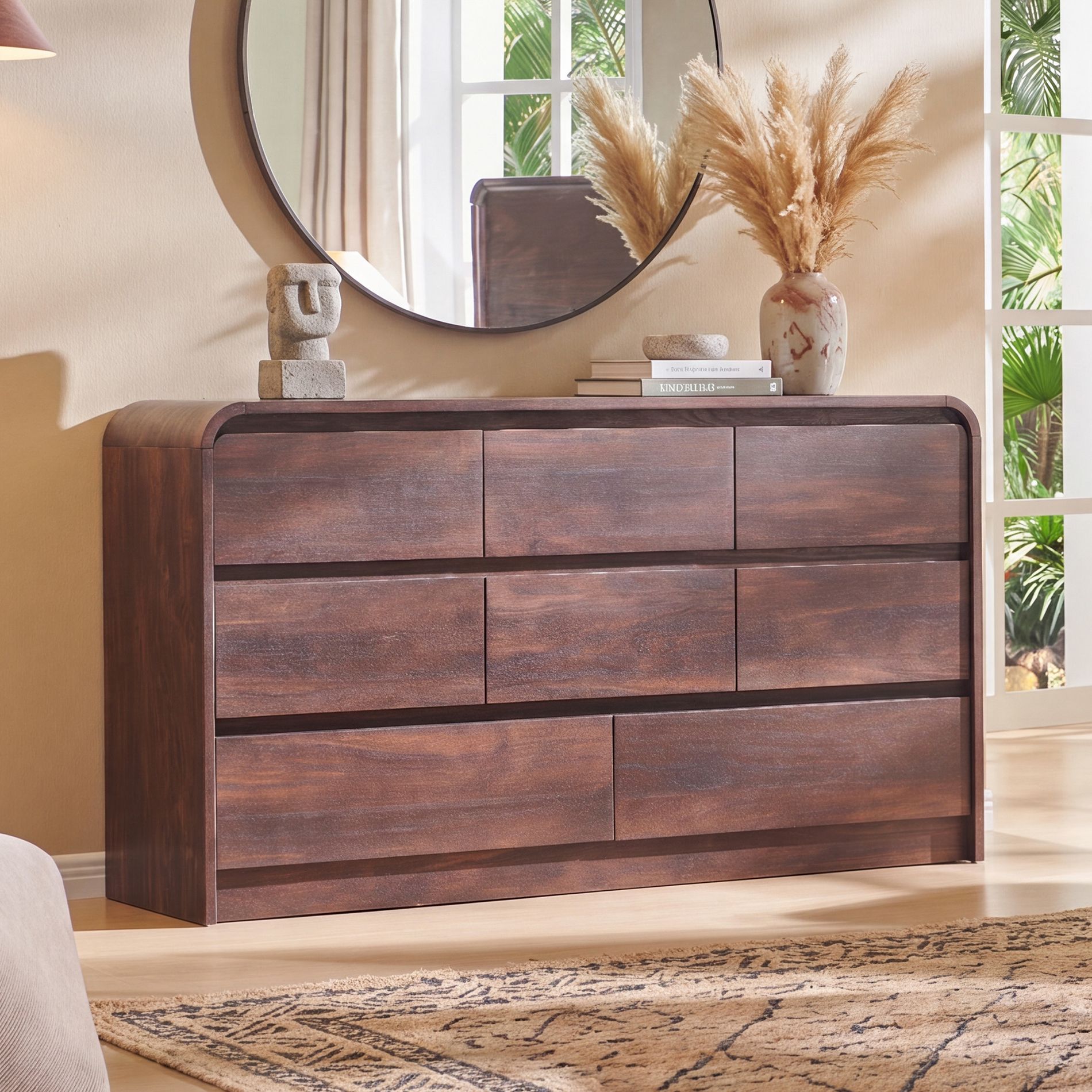 SinCiDo Modern 8 Drawer Dresser, Curved Profile Design, 55" Wide Mid Century Wood Storage Organizer for Bedroom, Living Room, Brown