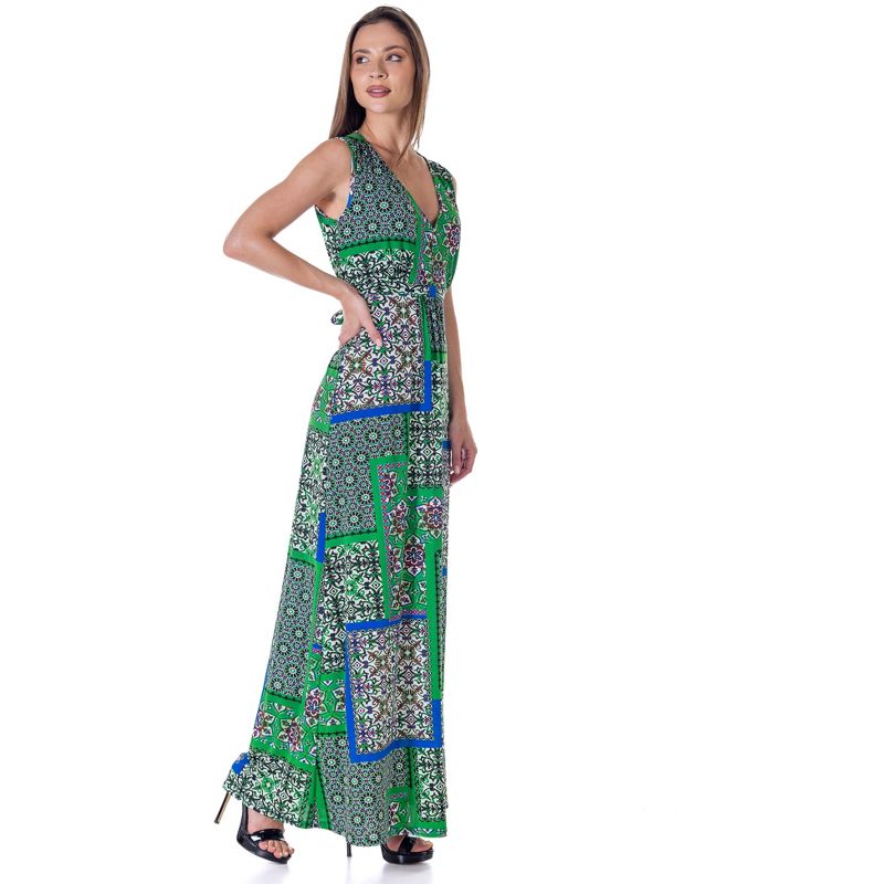 24seven Comfort Apparel Womens Green Scarf Print V Neck Empire Waist Sleeveless Maxi Dress, 2 of 9
