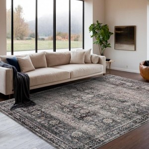 Washable Area Rugs Non-Slip Vintage Rugs for Living Room, Low Pile Stain-Resistant Distressed Oriental Carpet, Foldable Floral Print Floor Covering - 1 of 4
