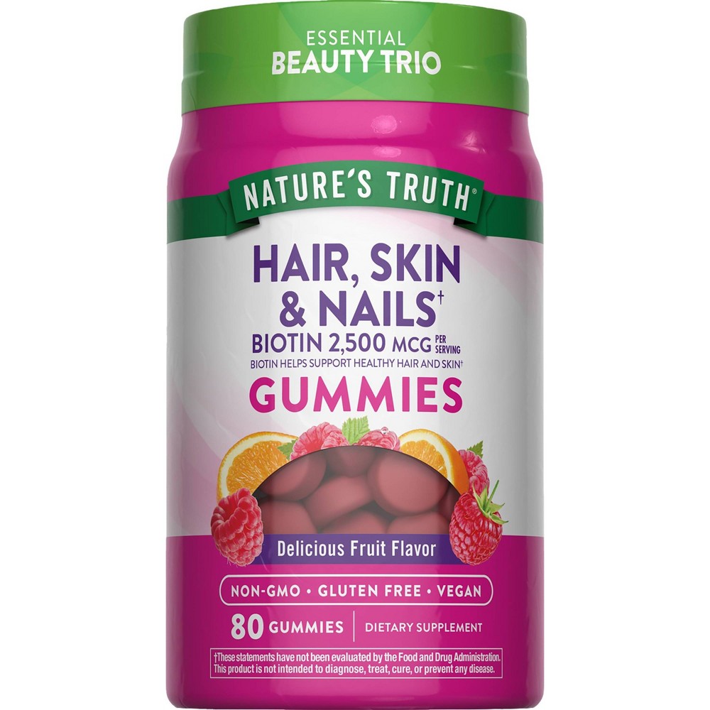 Photos - Vitamins & Minerals Nature's Truth Hair, Skin & Nails with Biotin Vegan Gummies - Natural Fruit - 80ct