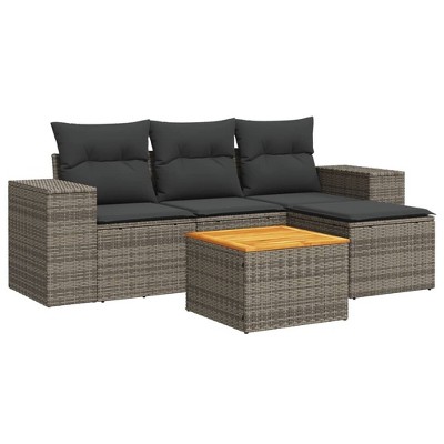 vidaXL Patio Sofa Set with Cushions Gray Poly Rattan 5 Piece - Gray