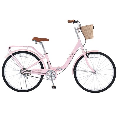 RISOKEYS Ladies Cruiser Bike,Single Speed Folding Steel Frame Bicycle with Front Basket & Rear Rack,Front Caliper Brake & Rear Band Brake