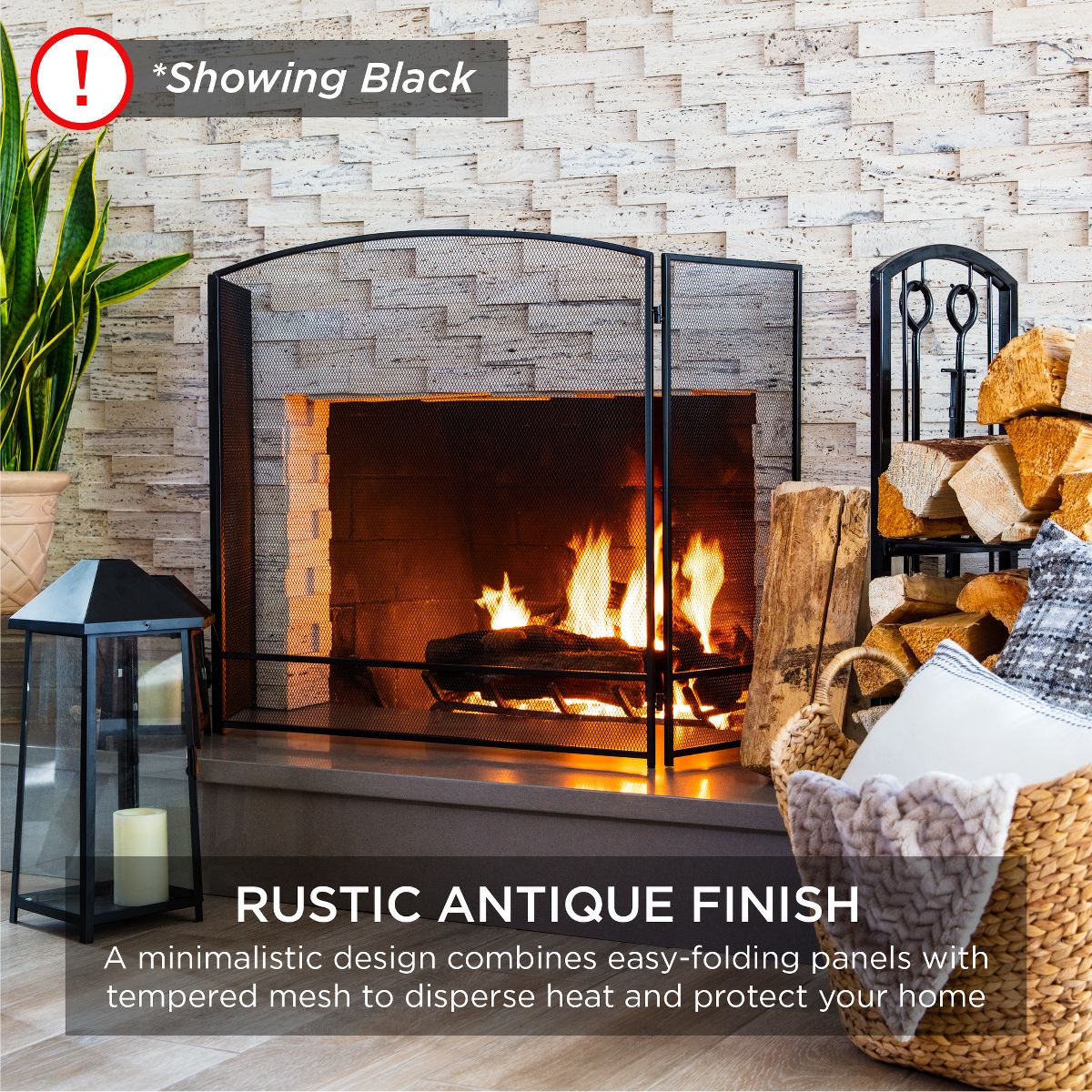 Best Choice Products 47.5x27.25in 3-Panel Steel Mesh Fireplace Screen, Spark Guard w/ Rustic Worn Finish - Black - thumbnail 2