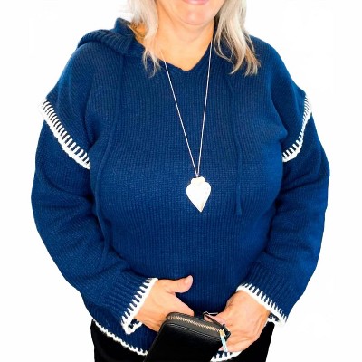Women's Long Sleeve Knit Hoodie Sweater Top With Blanket Stitch Detail - SHE + SKY